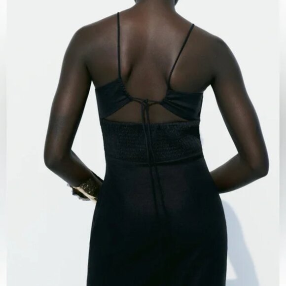 ZARA Linen Blend Black Babydoll Midi Dress Wedding Guest Beach Coastal XL NWT - Picture 3 of 14